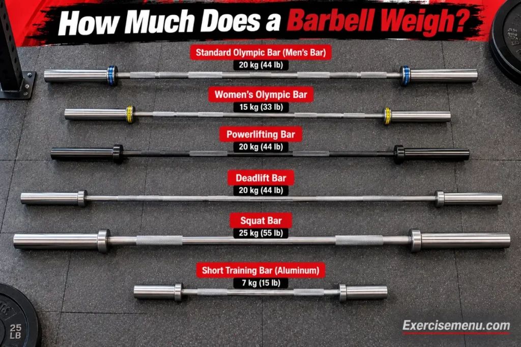Six common barbell types arranged side by side — men's Olympic, women's Olympic, powerlifting, deadlift, squat, and training bar — showing length, thickness, and weight differences.
