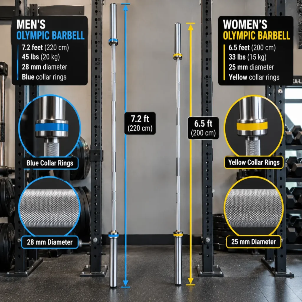 Side-by-side height comparison of a men's Olympic barbell (7.2 feet, blue collar rings) and a women's Olympic barbell (6.5 feet, yellow collar rings).