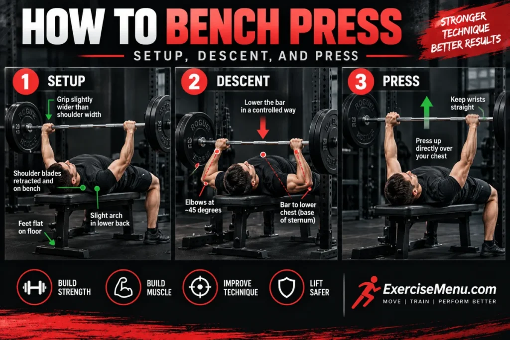 How to bench press showing proper setup, controlled descent, and pressing technique.