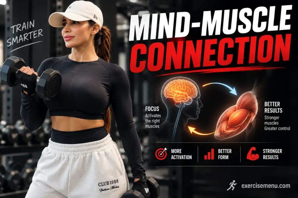 Mind-muscle connection during dumbbell training, showing focused muscle activation and improved form.