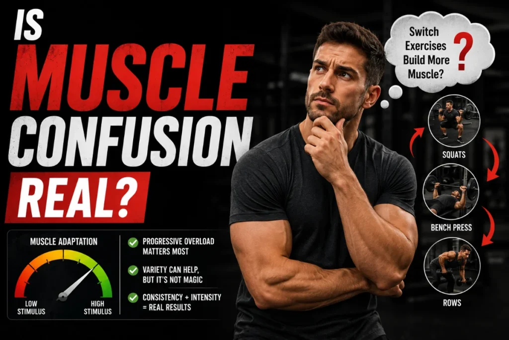 Man in a gym illustrating muscle confusion, exercise variety, and muscle adaptation.
