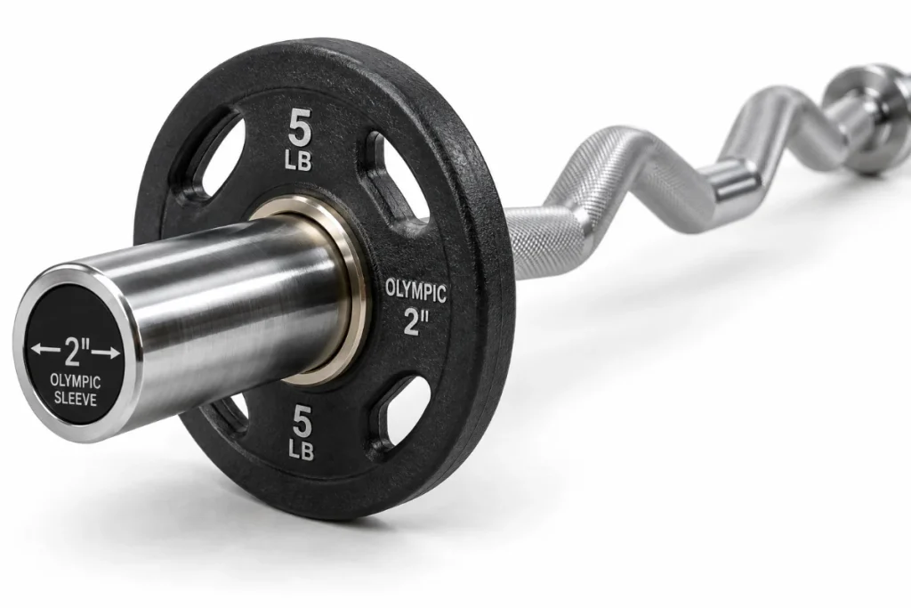 Olympic EZ curl bar with 2-inch rotating sleeve and an Olympic plate, weighing 18–25 lbs.