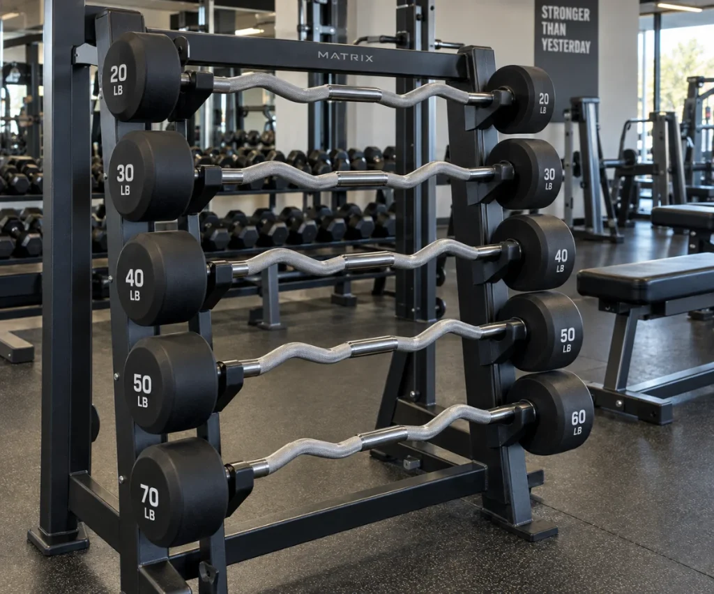Fixed weight EZ curl bars on a gym rack, labeled from 20 to 60 lbs with preloaded rubber-coated plates.
