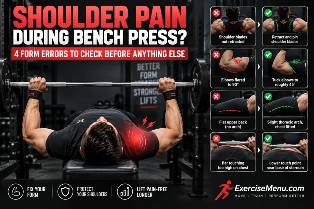 Shoulder Pain Bench Press: 4 Form Errors to Fix Now Shoulder pain during bench press showing four common form errors and proper technique corrections.