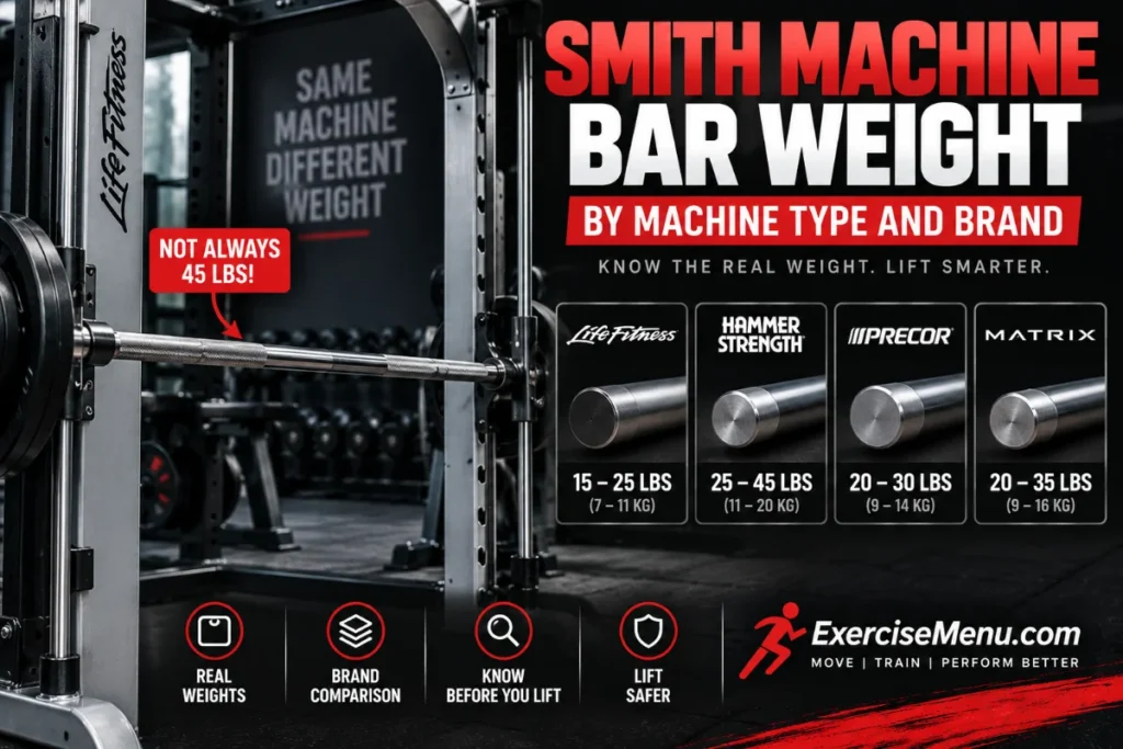 Smith machine bar weight comparison by machine type and brand, showing different bar weights.