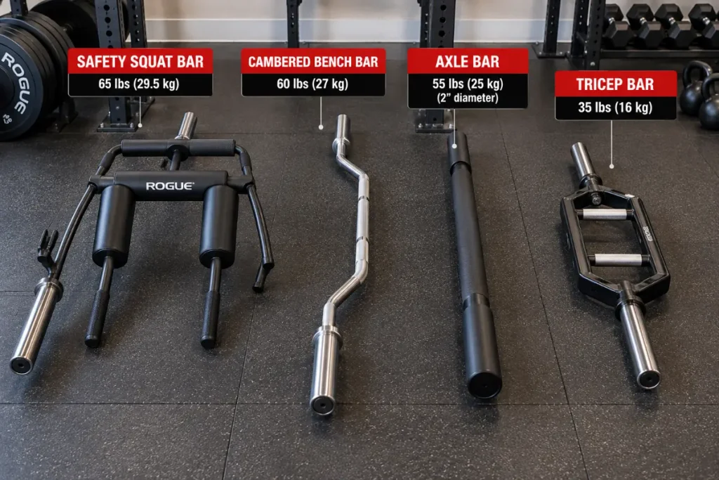 Four specialty barbells — safety squat bar with padded yoke, cambered bench bar with shaft bend, thick axle bar, and tricep bar with parallel handles.