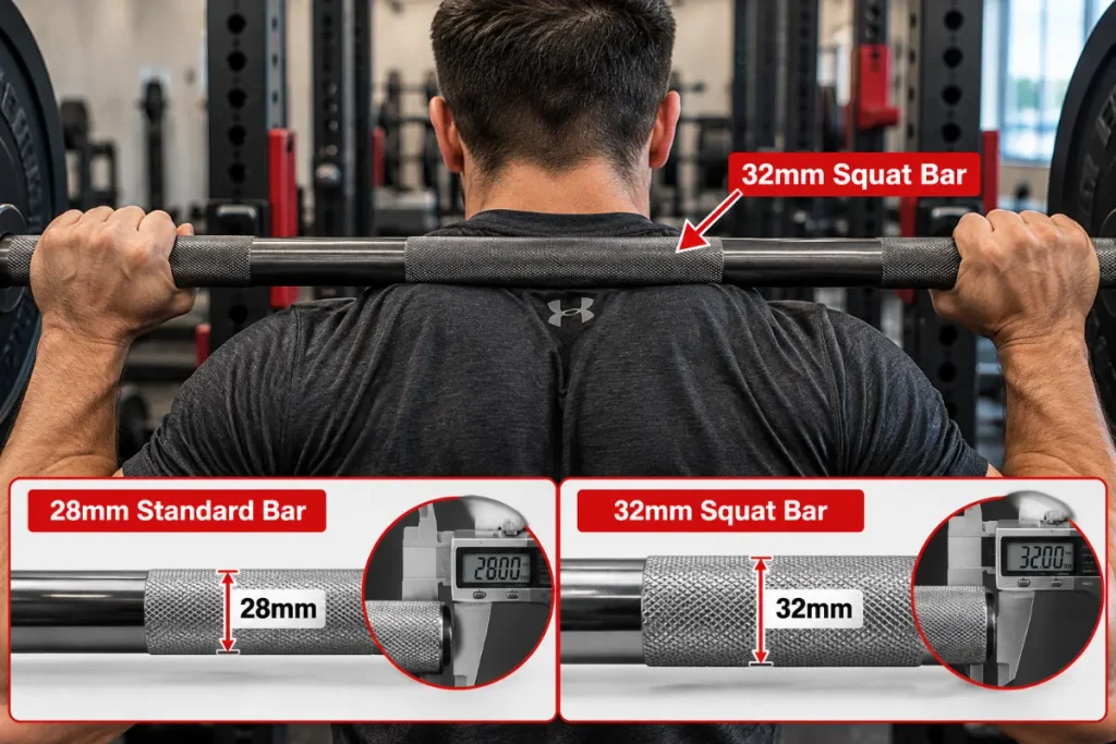 Squat bar (32mm shaft) resting across a lifter's upper back, showing how the thicker shaft distributes load more evenly than a standard 28mm barbell.