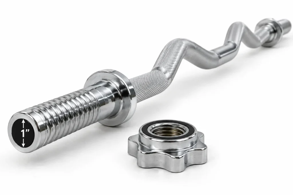 Standard EZ curl bar with 1-inch threaded sleeve and spin-lock collar, weighing 10–15 lbs.