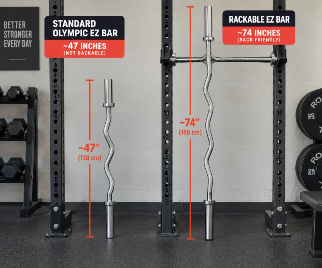 Side-by-side comparison of a standard Olympic EZ bar (47 inches) and a rackable EZ bar (74 inches) showing the length difference.