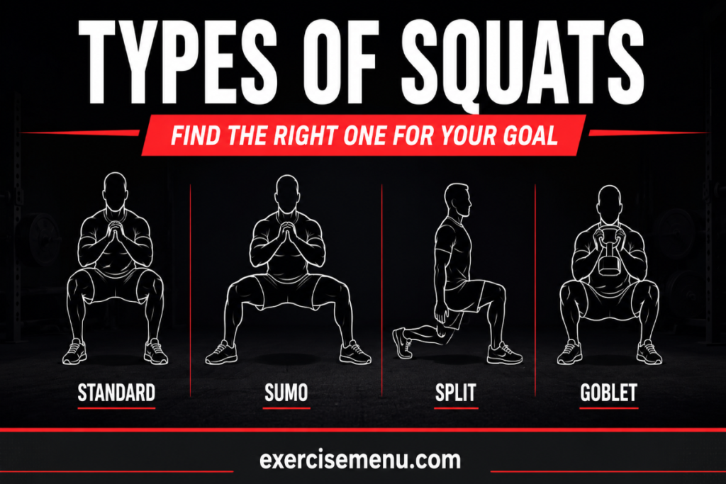 Types of squats infographic showing standard, sumo, split, and goblet squat variations