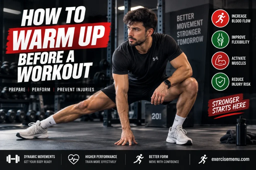 How to Warm Up Before a Workout (A Strength Training Guide) Man performing a dynamic warm-up before a workout, highlighting mobility, muscle activation, performance, and injury prevention.