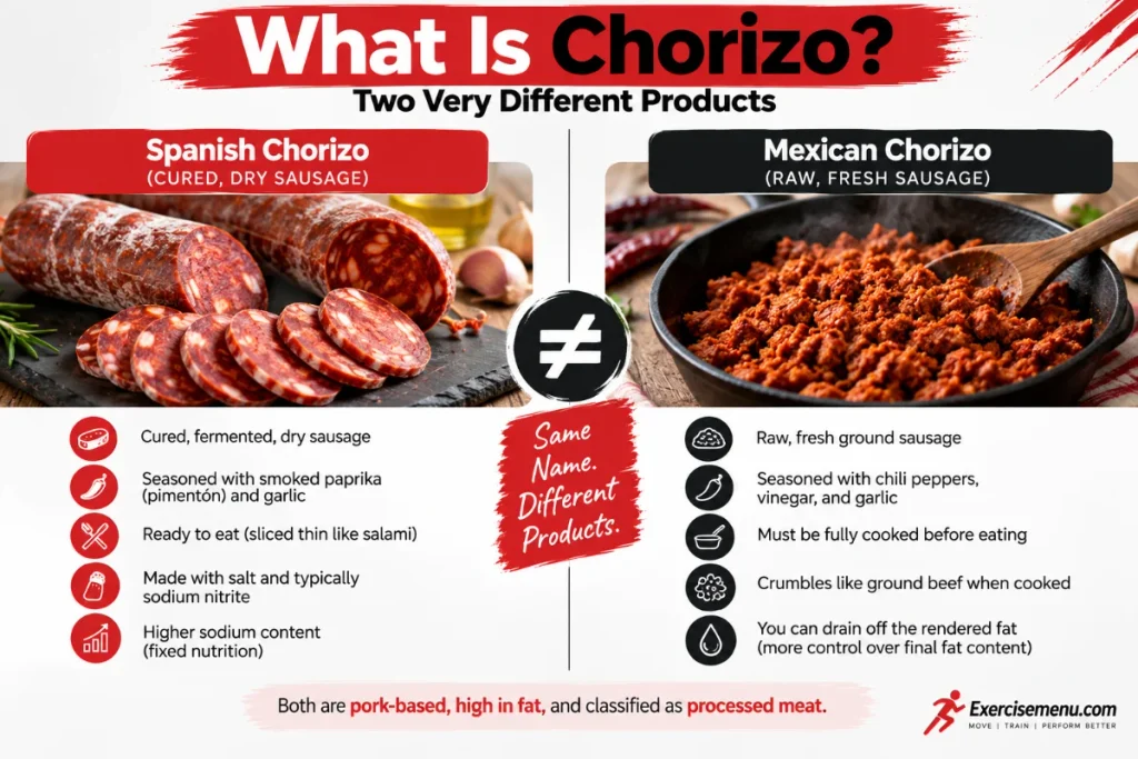 Spanish vs. Mexican chorizo, comparing their preparation, ingredients, cooking requirements, and nutritional differences.