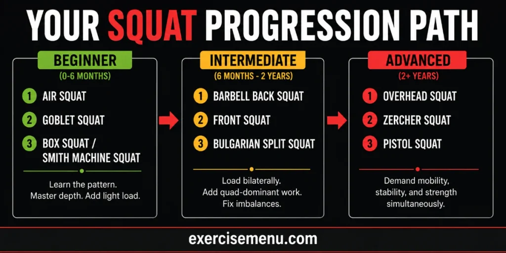 Squat progression path infographic showing beginner, intermediate, and advanced squat exercises
