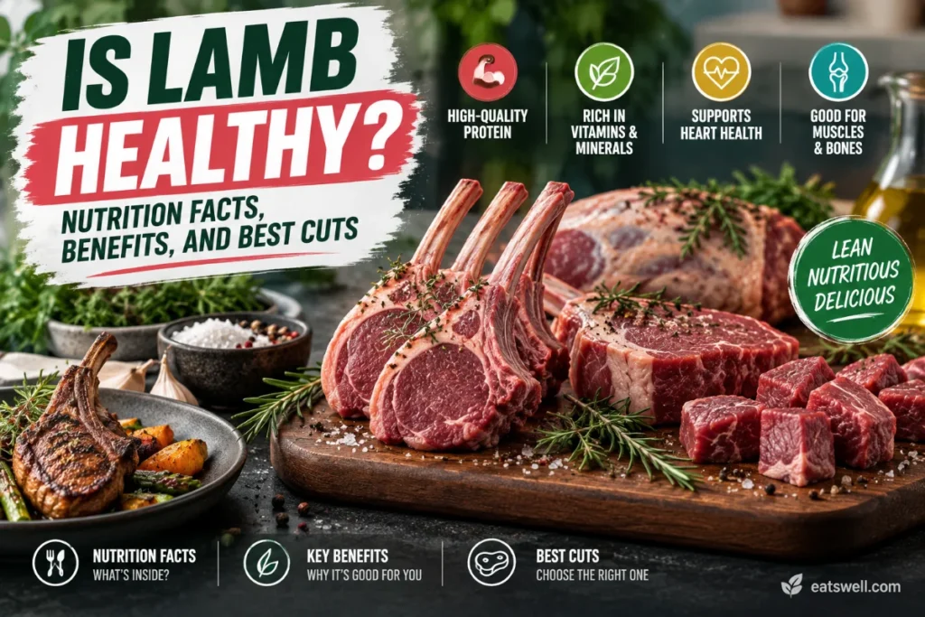Lamb nutrition facts, health benefits, and best cuts with fresh lamb chops and steak.