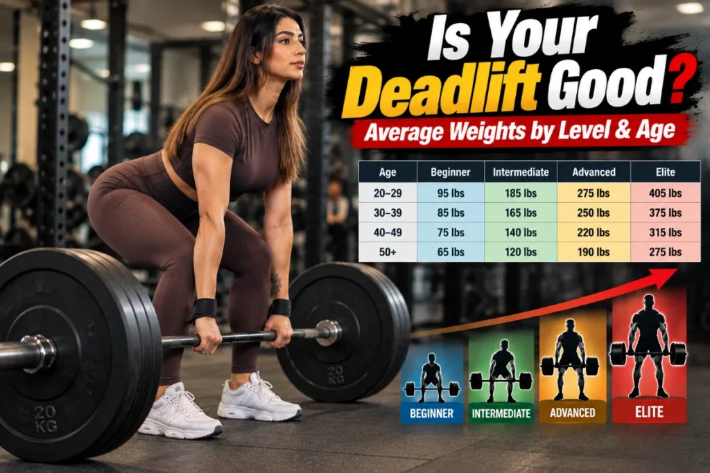 Woman performing a barbell deadlift in a fully covered gym outfit, with a comparison chart showing average deadlift weights by age group and strength level from beginner to elite.