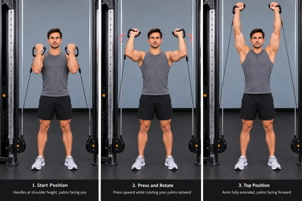 Man performing a cable Arnold press with dual low pulleys, rotating palms inward to forward while pressing the D-handles overhead.