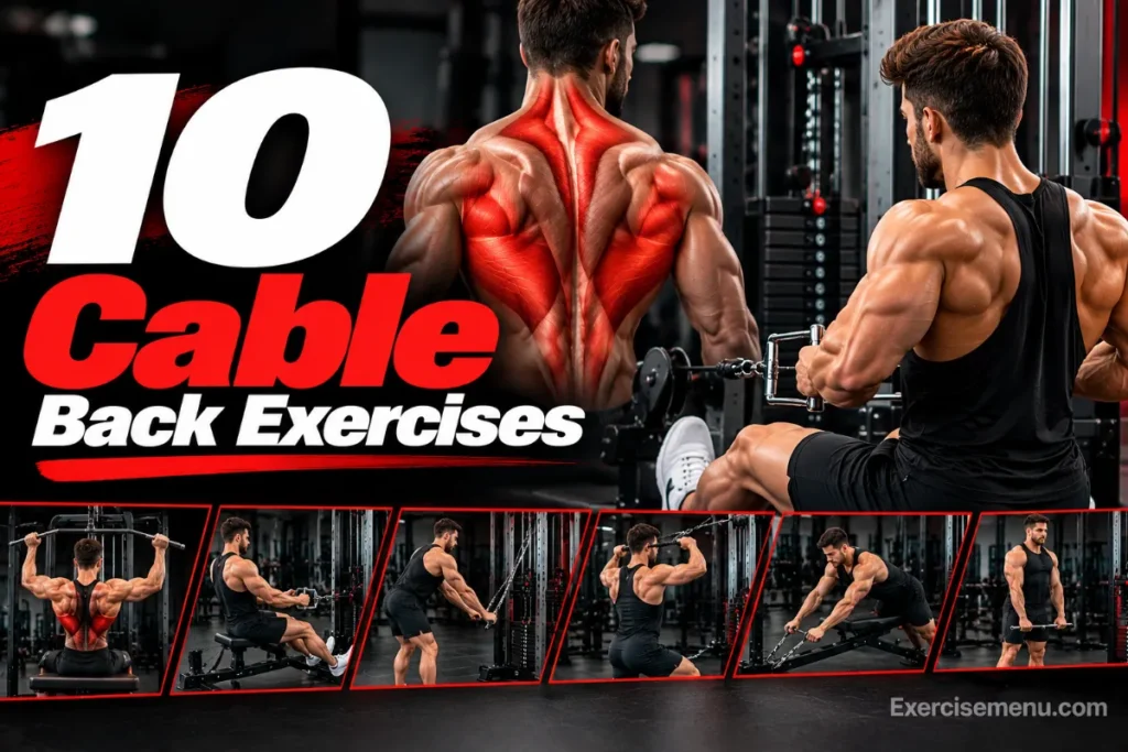 10 cable back exercises featuring a seated cable row, lat pulldown, face pull, and other cable movements, with highlighted back muscles