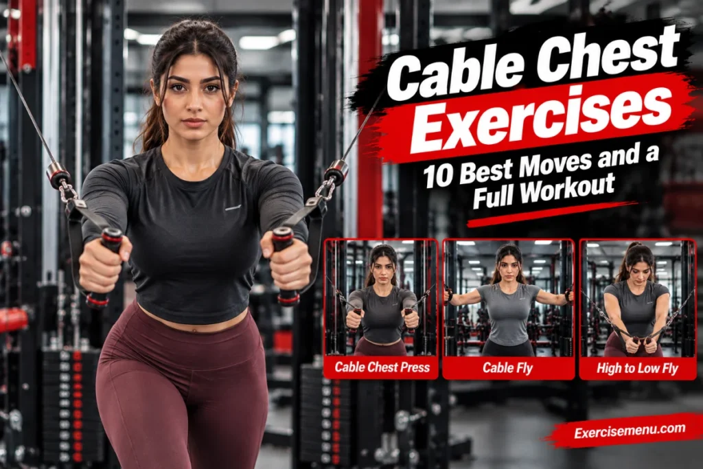 Woman performing a cable chest fly in a fully covered gym outfit, with three cable chest exercise variations and the title “Cable Chest Exercises: 10 Best Moves and a Full Workout.