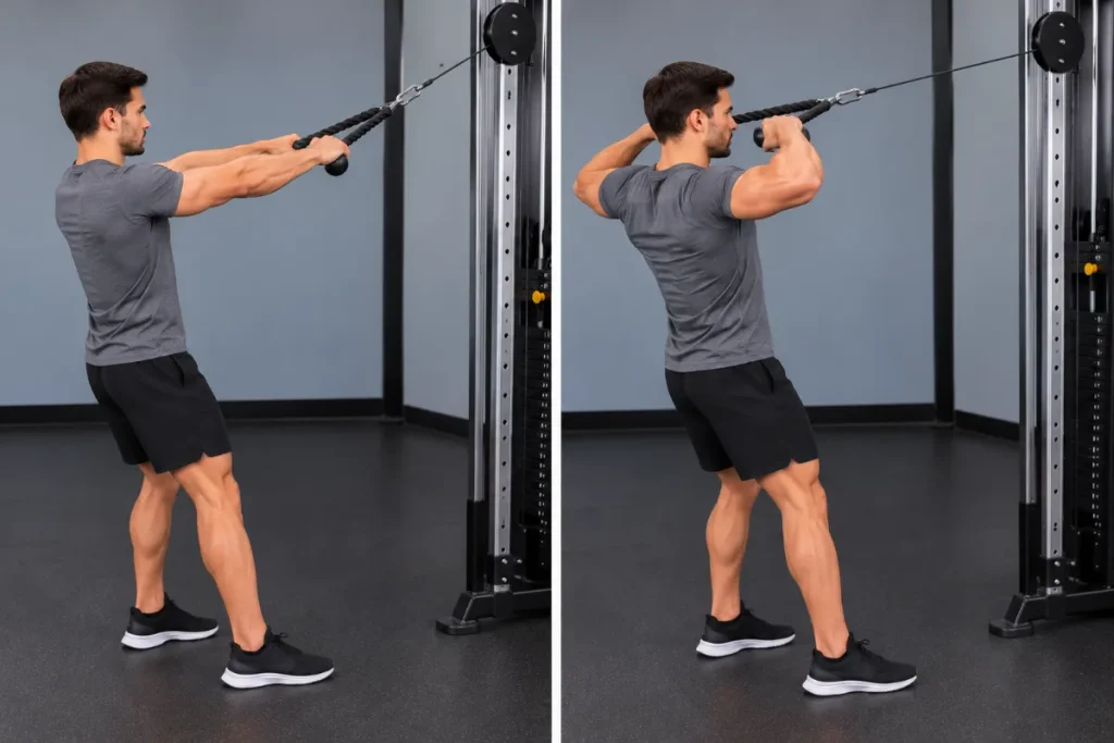 Man performing a cable face pull with a high pulley and rope attachment, pulling the rope toward his forehead with elbows raised to shoulder height.