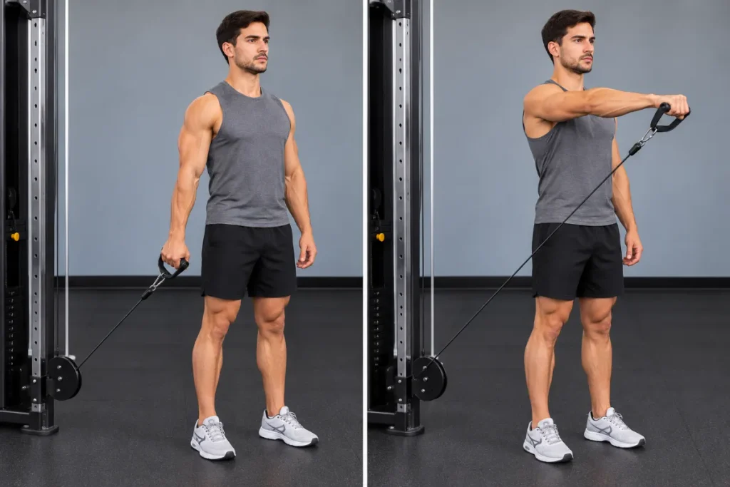 Man performing a cable front raise with a low pulley and D-handle, lifting his arm to shoulder height.