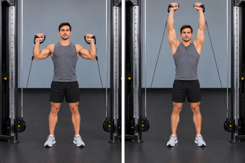 Man performing a cable overhead shoulder press with dual low pulleys and D-handles, pressing from shoulder height to full overhead extension.