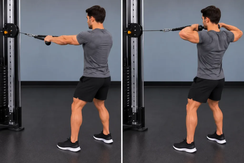 Man performing a cable rear delt row with a chest-height pulley and rope attachment, pulling toward his face with elbows flared at shoulder height.