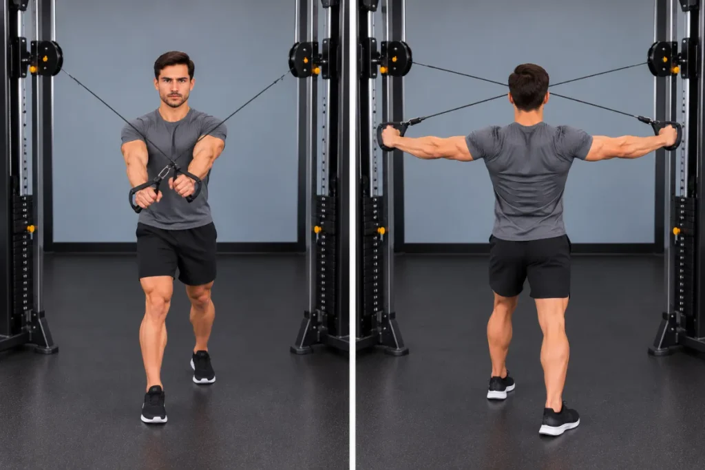 Man performing a cable reverse fly with crossed cables, moving from arms extended in front to arms spread wide at shoulder height.