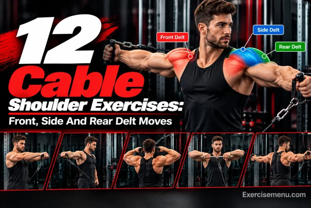 12 cable shoulder exercises targeting the front, side, and rear deltoids.