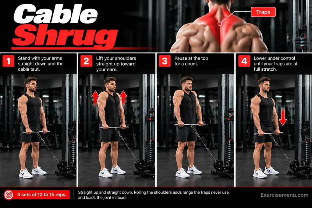 Cable shrug exercise guide showing four steps of proper shoulder elevation, highlighted trapezius muscles
