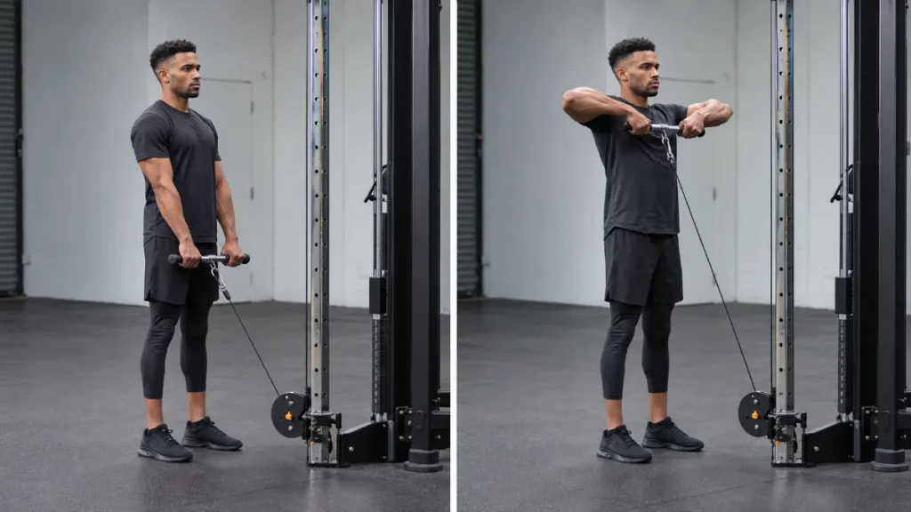 Man performing a cable upright row using a low pulley and straight bar, lifting his elbows to shoulder height.