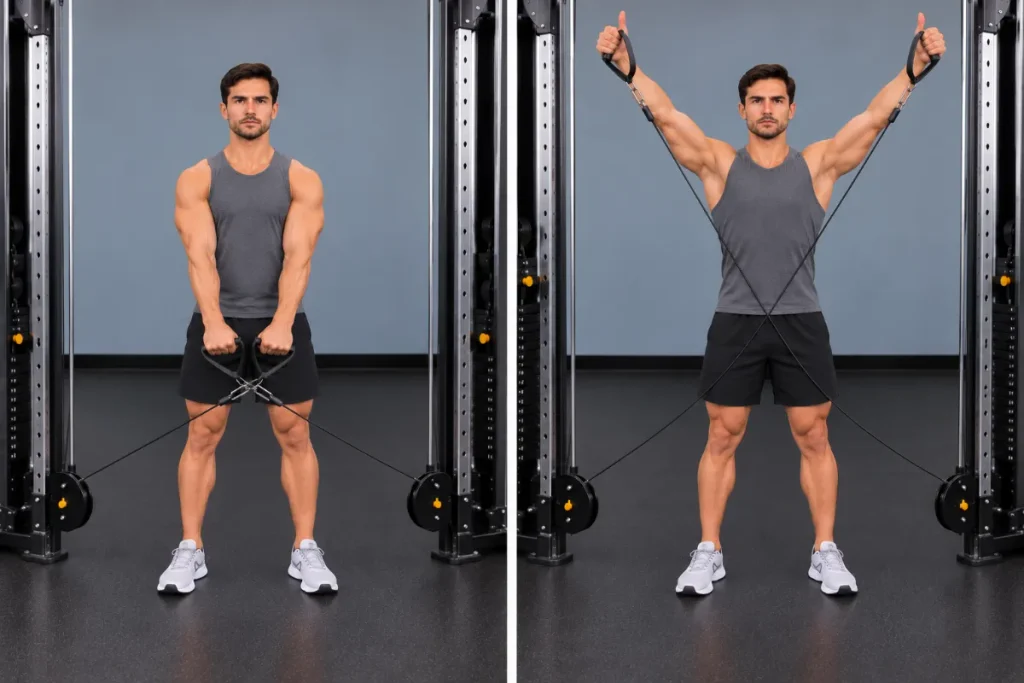 Man performing a cable Y raise with dual low pulleys and crossed cables, lifting both arms overhead in a Y shape with thumbs pointing upward.