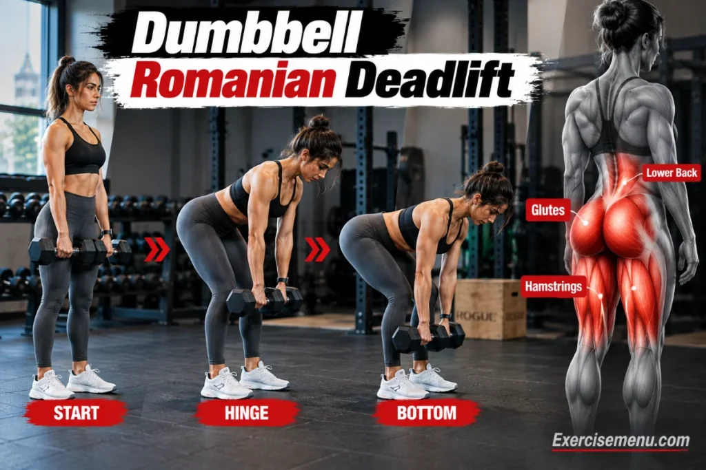 Woman demonstrating the dumbbell Romanian deadlift through start, hinge, and bottom positions, with highlighted glutes, hamstrings, and lower back muscles.