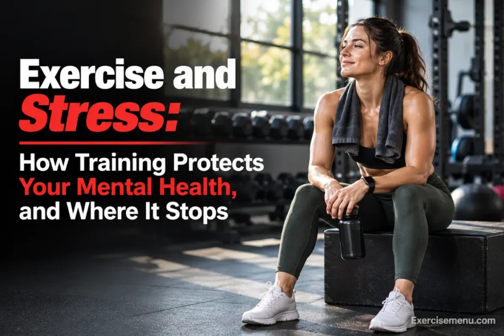 Woman resting after a workout in a gym, illustrating how exercise helps manage stress and support mental health, with the title “Exercise and Stress: How Training Protects Your Mental Health, and Where It Stops” and Exercisemenu.com watermark.