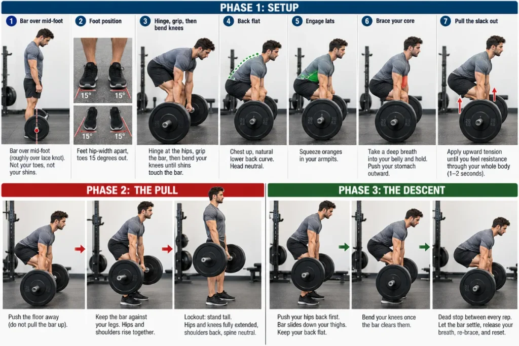 how to deadlift for beginners — setup pull lockout form sequence
