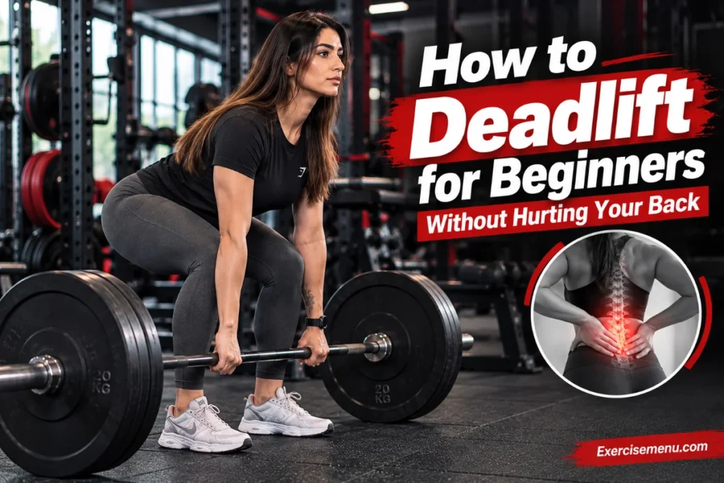 Woman demonstrating a barbell deadlift in a modern gym, with beginner deadlift form guidance, a lower-back pain illustration, and ExerciseMenu.com branding.