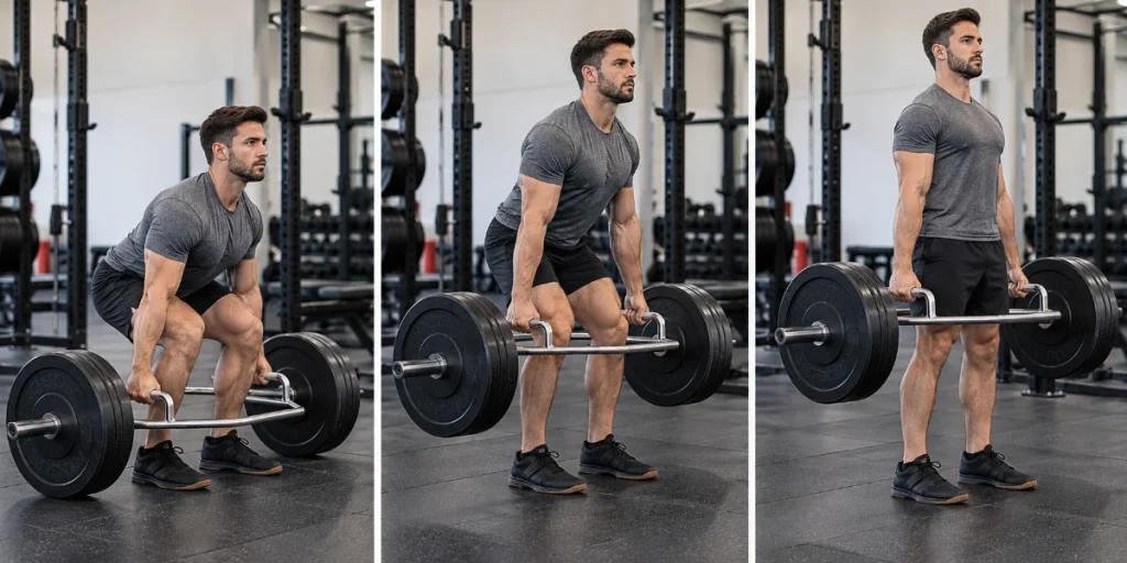 trap bar deadlift form — setup, pull, lockout