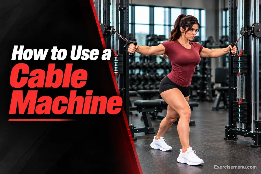How to use a cable machine, featuring a woman performing a cable chest fly in a commercial gym with instructional title text and Exercisemenu.com watermark.