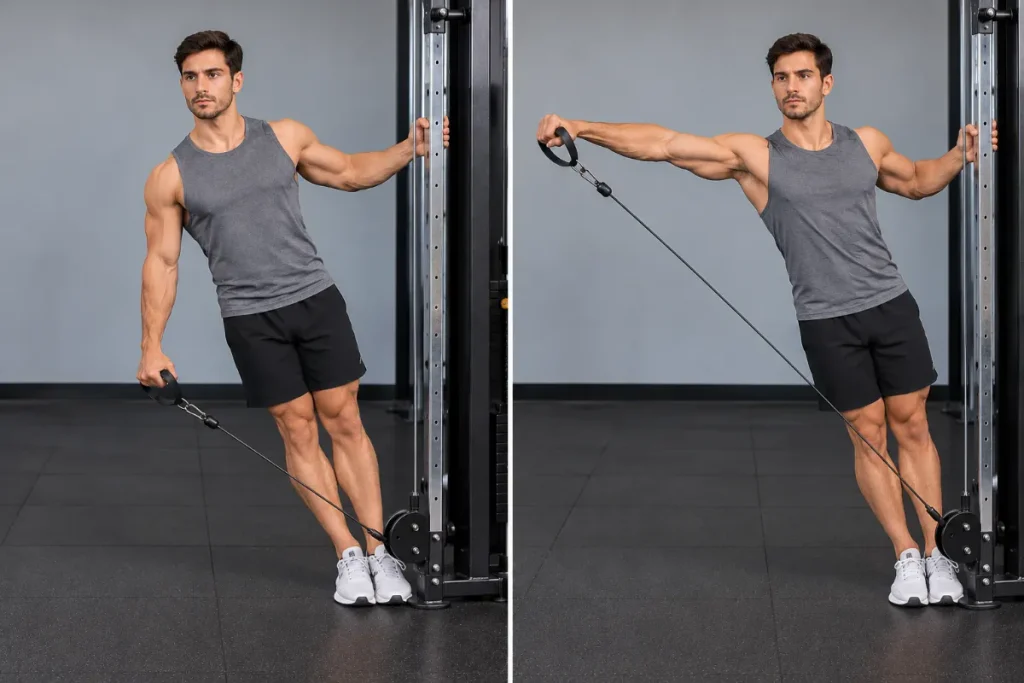 Man performing a leaning cable lateral raise, showing the starting position and arm raised to shoulder height with a low pulley and D-handle.