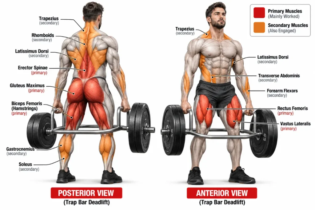 trap bar deadlift muscles worked — glutes, quads, hamstrings, upper back, core