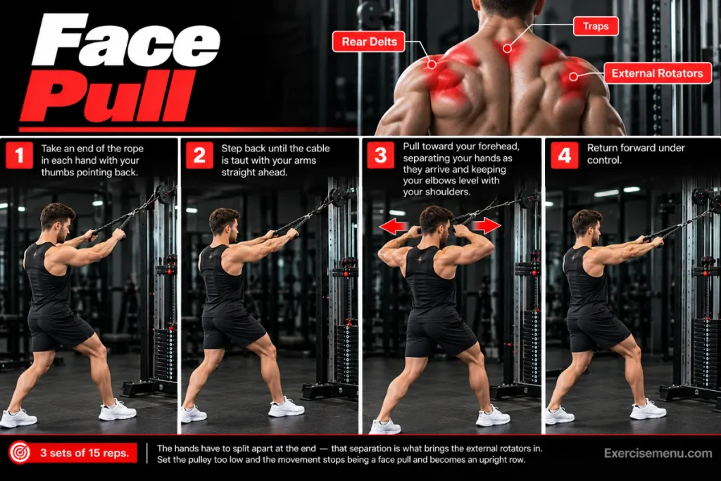 Face pull exercise guide showing proper rope technique, elbow positioning, highlighted rear delts and traps.