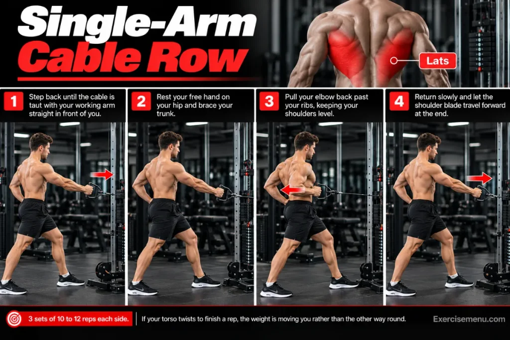 Single-arm cable row exercise guide showing proper form, elbow movement, highlighted lat muscles