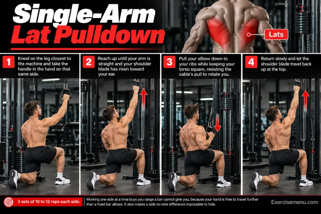 Single-arm lat pulldown exercise guide showing four steps of the half-kneeling cable pulldown, from overhead arm extension to pulling the elbow toward the ribs, with highlighted lat muscles, proper form instructions.