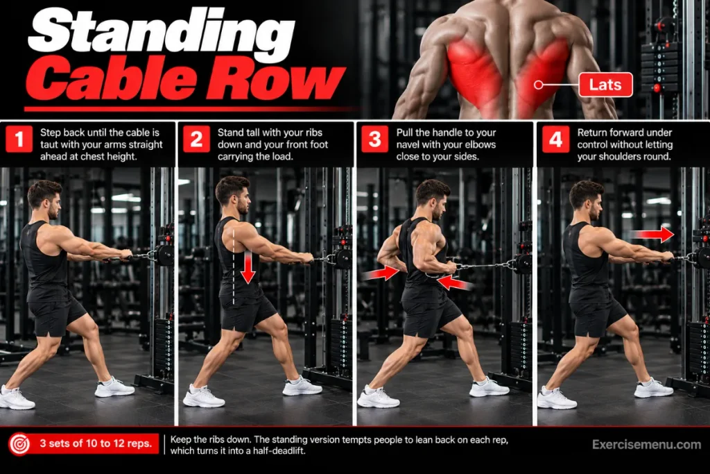 Standing cable row exercise guide showing proper split stance, mid-height pulley, elbows pulled toward the navel, highlighted lat muscles