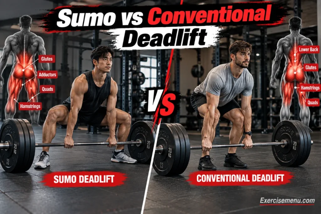 Sumo vs Conventional Deadlift: Muscles, Differences, and Which to Choose Sumo vs conventional deadlift comparison showing two lifters with different stances, highlighted muscles, and key differences between the exercises.