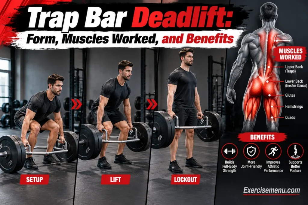 Trap bar deadlift guide showing setup, lift, and lockout positions, with highlighted back, glutes, hamstrings, and quads plus key exercise benefits.