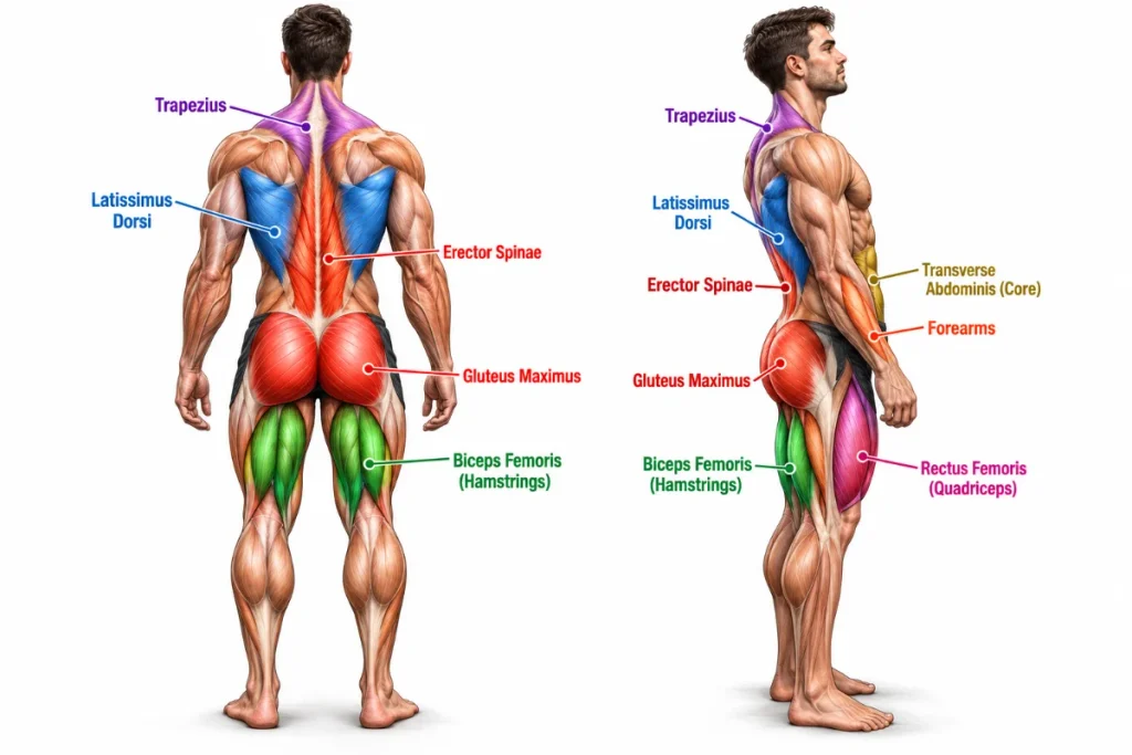 deadlift muscles worked — glutes hamstrings quads erectors posterior chain