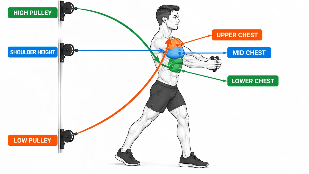 able chest exercises pulley height positions for upper mid and lower chest