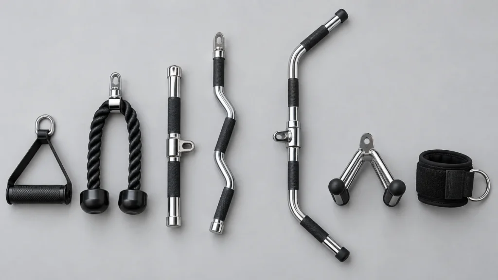 cable machine attachments types D handle rope straight bar lat bar ankle strap