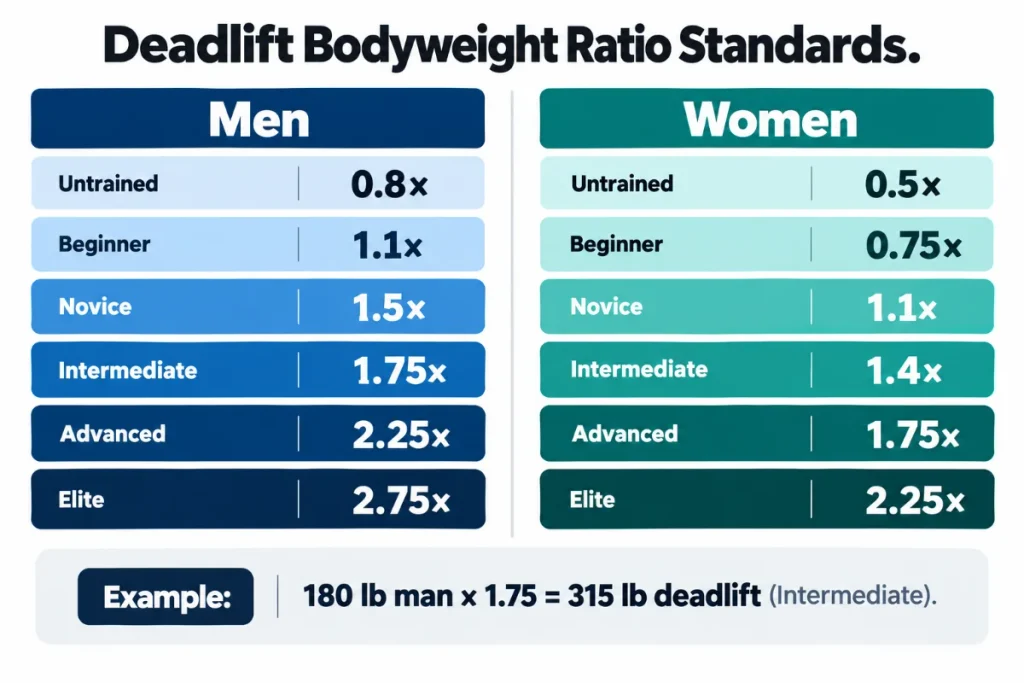 deadlift bodyweight ratio standards — men and women beginner to elite