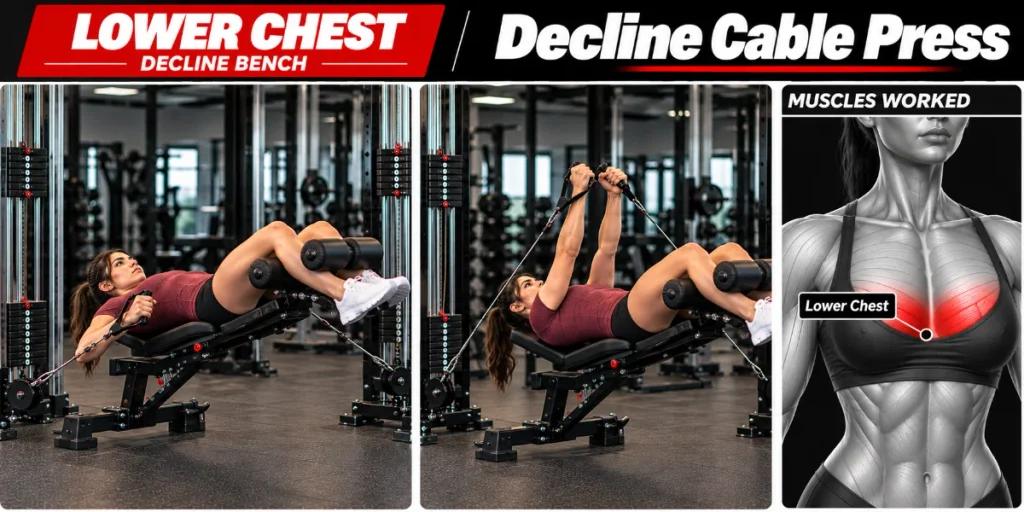 decline cable press for lower chest start and finish position